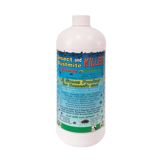 A 1-Liter bottle of Bioway Multi Insect & Dustmite Killer spray with product information and branding on the label.