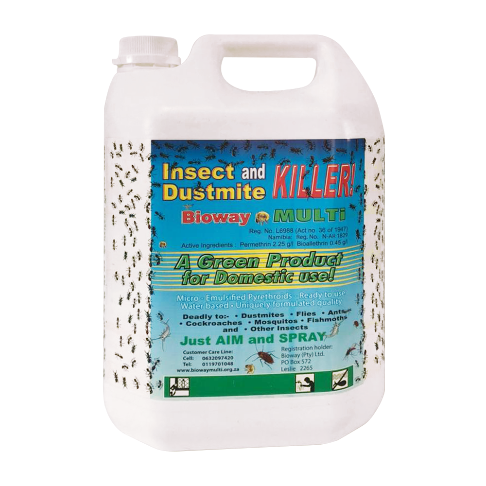 A 5 Liter bottle of Bioway Multi Insect & Dustmite Killer spray with product information and branding on the label.