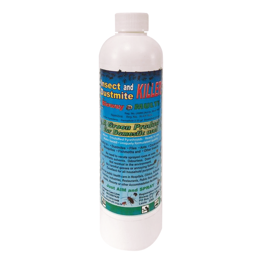 A bottle of Bioway Multi Insect & Dustmite Killer spray with product information and branding on the label.