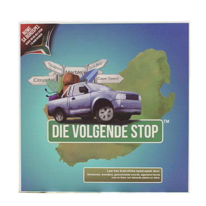 Board game box for 'Die Volgende Stop' with a truck and South Africa map illustration.
