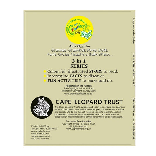 Back cover of a book with text and logos, including the Cape Leopard Trust.
