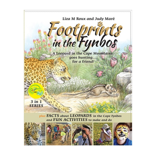 Book cover of 'Footprints in the Fynbos' with a leopard illustration and educational content.