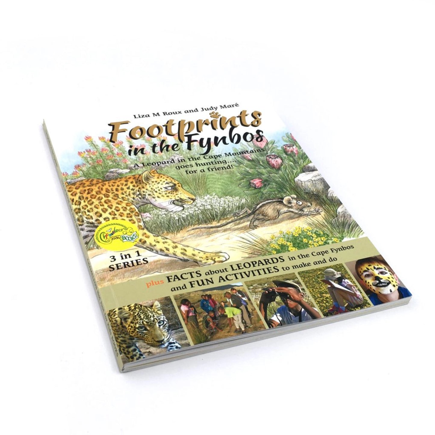 Book cover of 'Footprints in the Fynbos' with a leopard illustration and educational content.