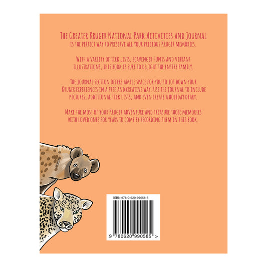 Back cover of a book with text about Greater Kruger National Park activities and journal, featuring illustrations of a cheetah and hyena.