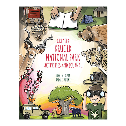 Book cover of 'Greater Kruger National Park Activities and Journal' with illustrations of animals and a camper.