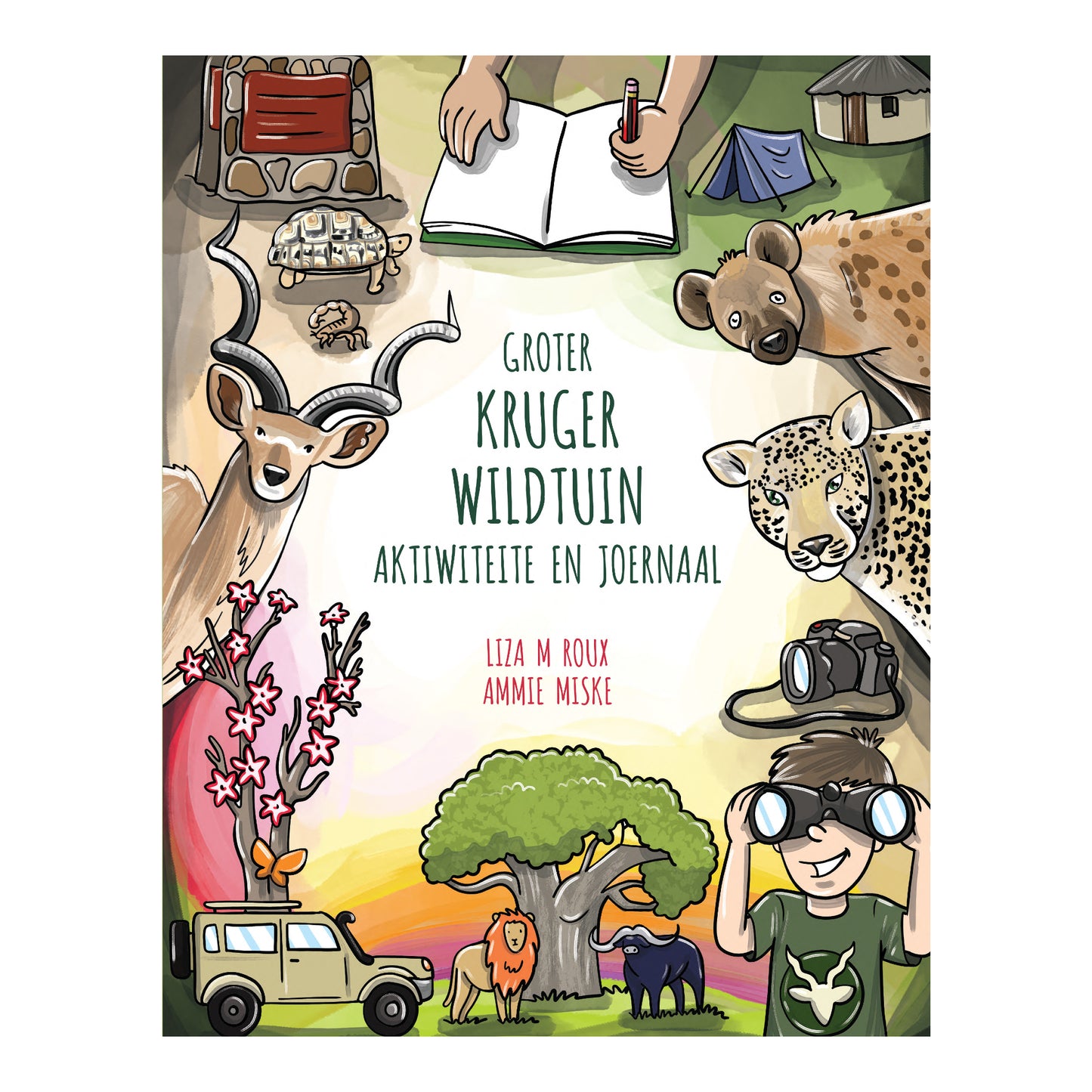 Book cover of 'Groter Kruger Wildtuin' with illustrations of animals, a vehicle, and a person with binoculars.
