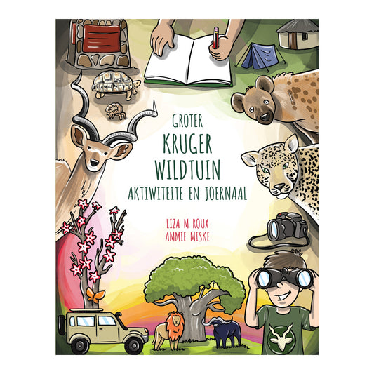 Book cover of 'Groter Kruger Wildtuin' with illustrations of animals, a vehicle, and a person with binoculars.