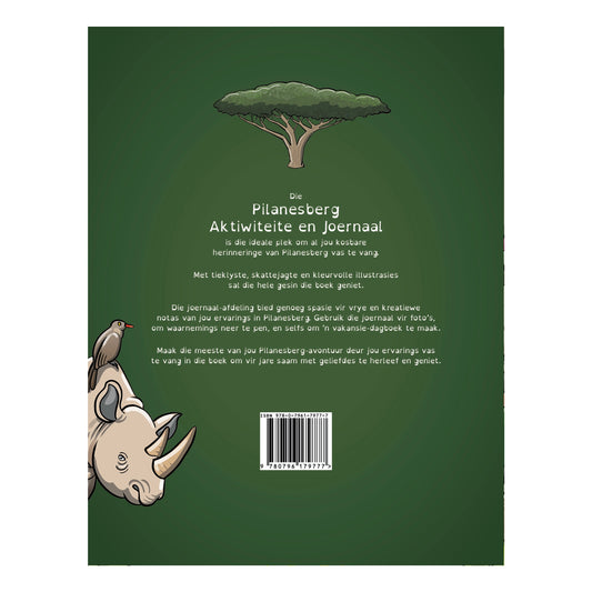 Bookback with rhino illustration and text on a green background