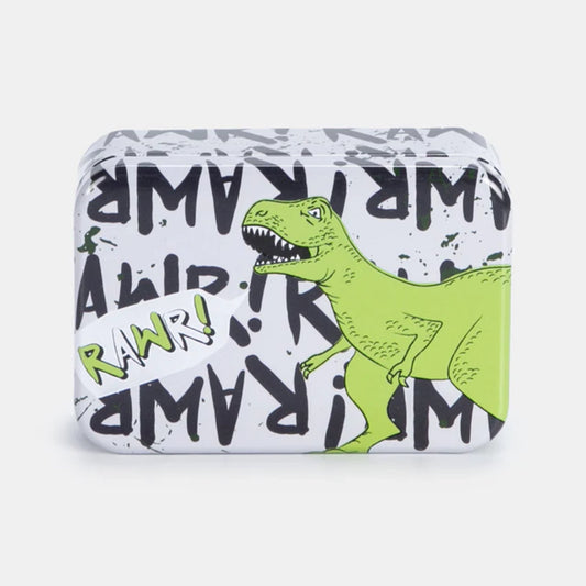 Small rectangular tin with a green dinosaur illustration and 'RAWR!' text on a white background
