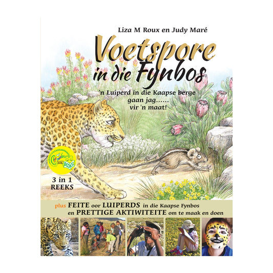Book cover of 'Voetspore in die Fynbos' with a leopard and mouse illustration and children's activities.