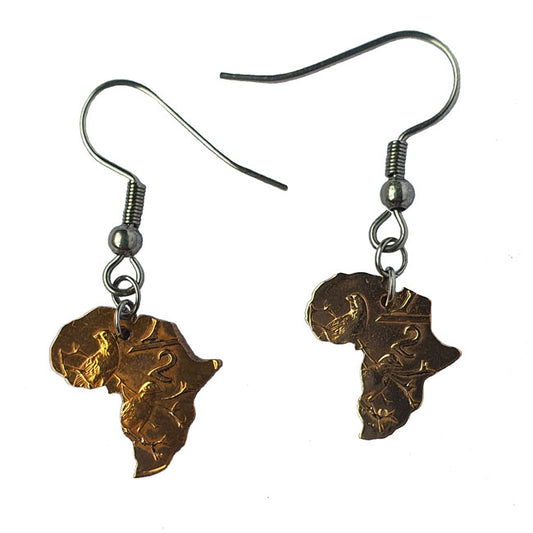 A pair of earrings designed to resemble the shape of Africa, made from recycled South African coins with a sparrow motif.