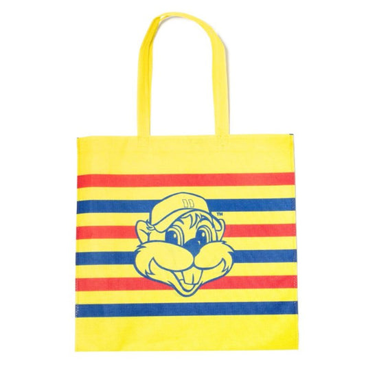 A yellow shopping bag with red and blue stripes and an illustration of a character on it.