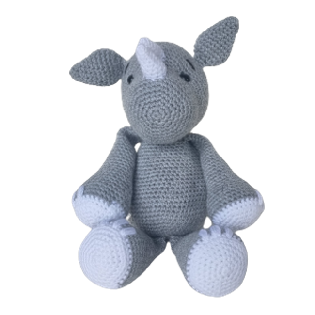 Crochet plush toy resembling a gray rhinoceros with a textured surface, designed for baby gifts.