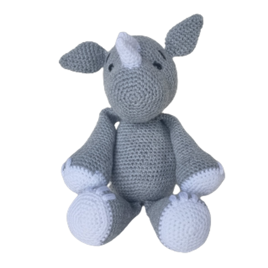 Crochet plush toy resembling a gray rhinoceros with a textured surface, designed for baby gifts.