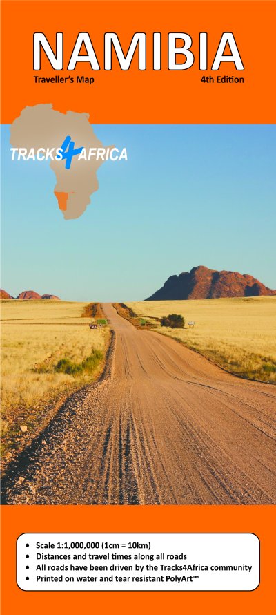 Cover of the 'Namibia' paper map by Tracks4Africa, featuring a desert landscape with a road and a blue sky background.