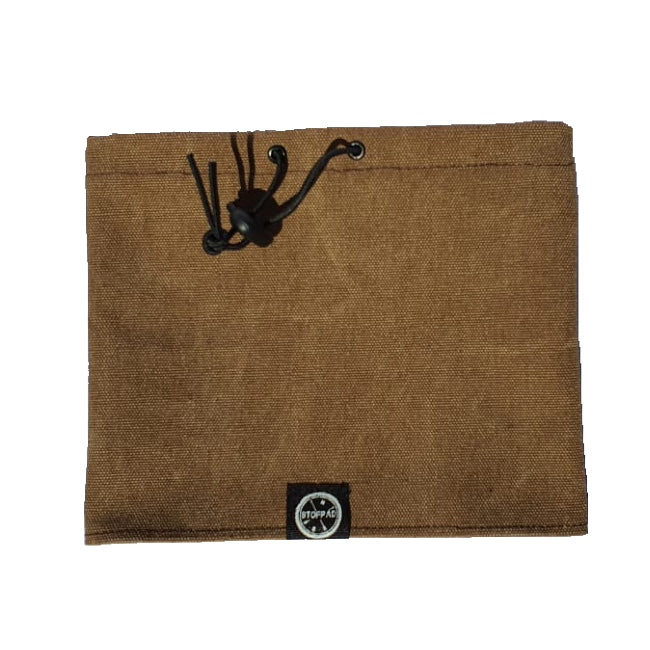 A brown canvas gaiter with an adjustable draw-cord and toggle, designed for use in the African Bush-veld.