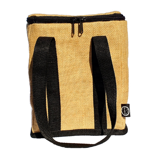 A beige and black fabric cooler bag with straps.