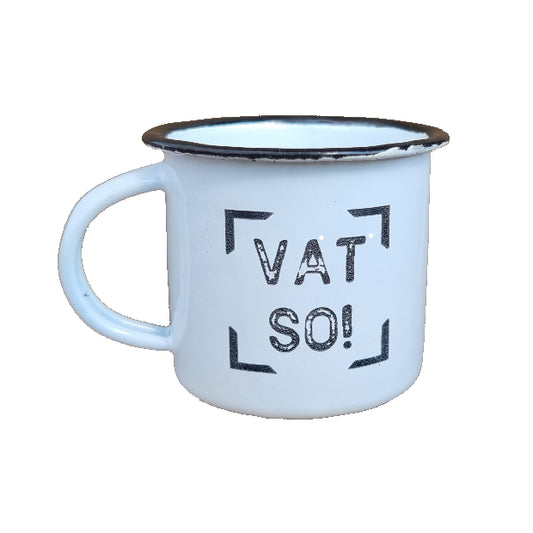 White Enamel mug with black writing