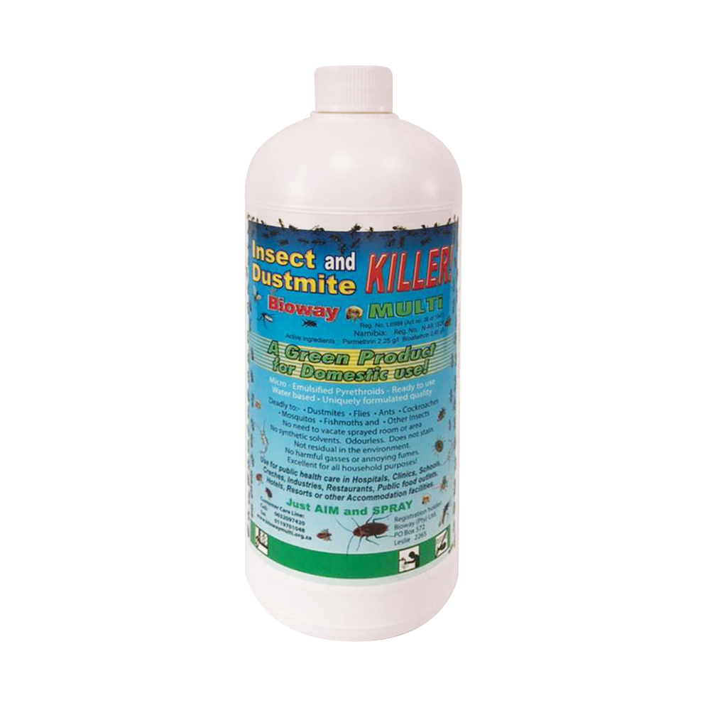 A 1-Liter bottle of Bioway Multi Insect & Dustmite Killer spray with product information and branding on the label.