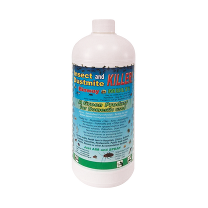 A 1-Liter bottle of Bioway Multi Insect & Dustmite Killer spray with product information and branding on the label.