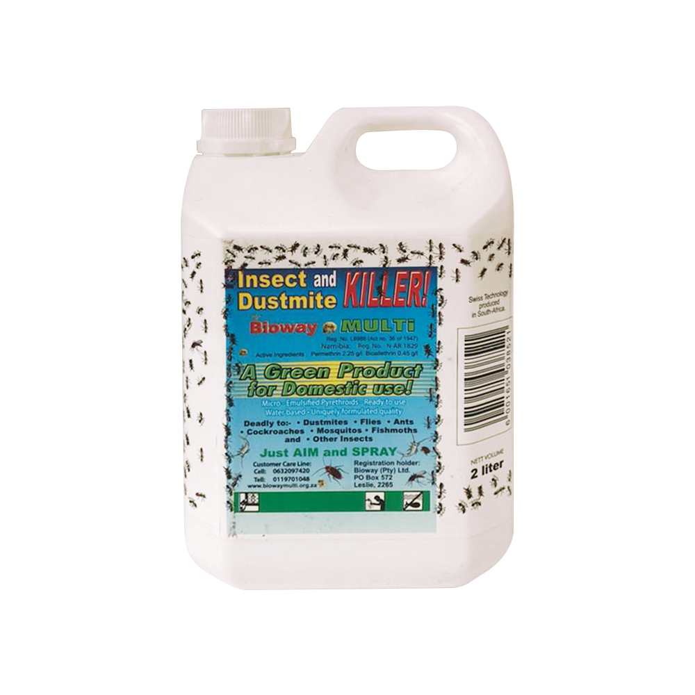 A 2 Liter bottle of Bioway Multi Insect & Dustmite Killer spray with product information and branding on the label.