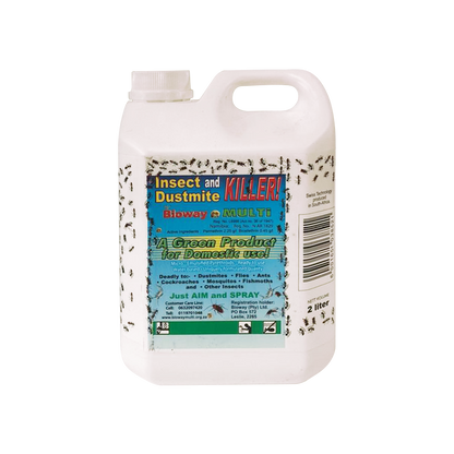 A 2 Liter bottle of Bioway Multi Insect & Dustmite Killer spray with product information and branding on the label.