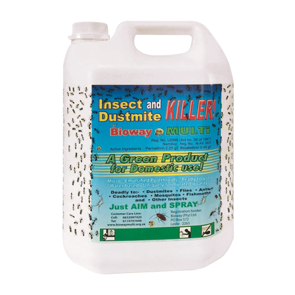 A 5 Liter bottle of Bioway Multi Insect & Dustmite Killer spray with product information and branding on the label.