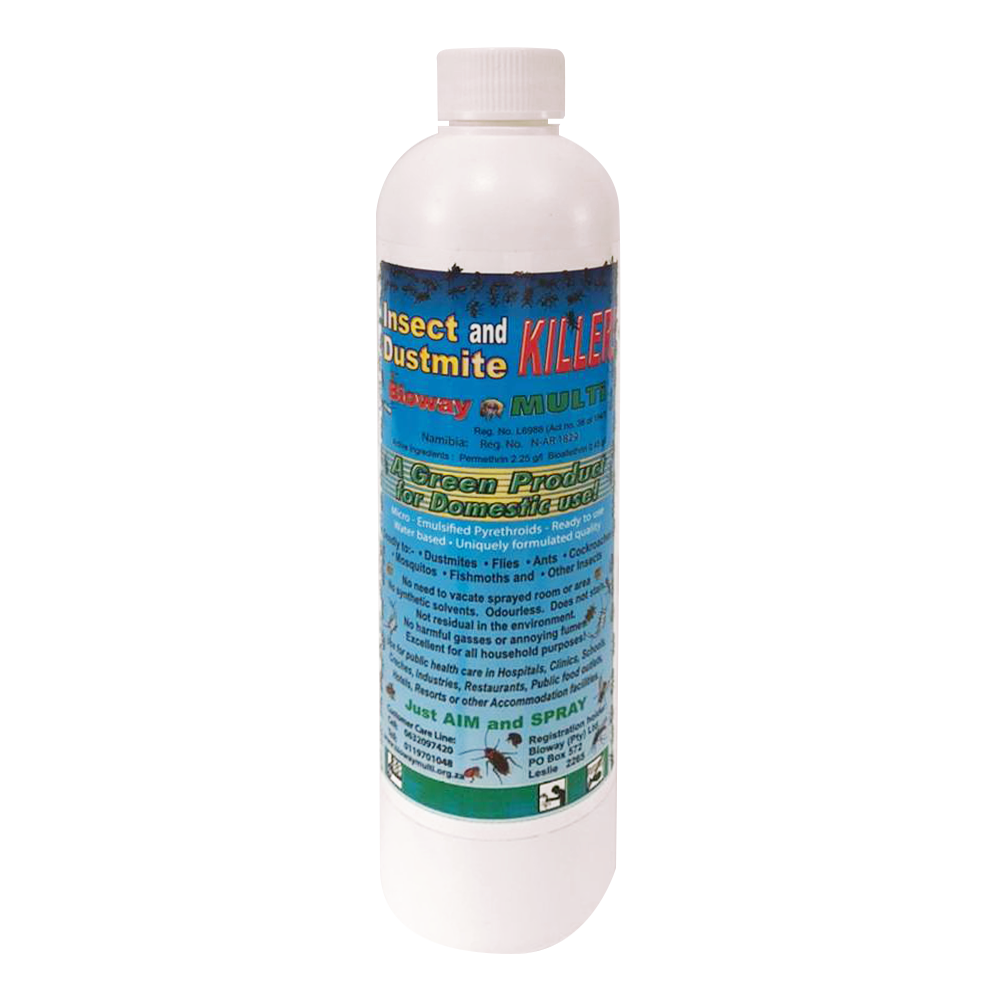 A bottle of Bioway Multi Insect & Dustmite Killer spray with product information and branding on the label.