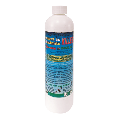 A bottle of Bioway Multi Insect & Dustmite Killer spray with product information and branding on the label.