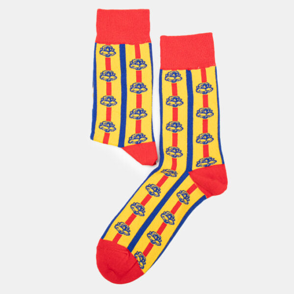 A pair of red and yellow socks with a Chappies candy print.