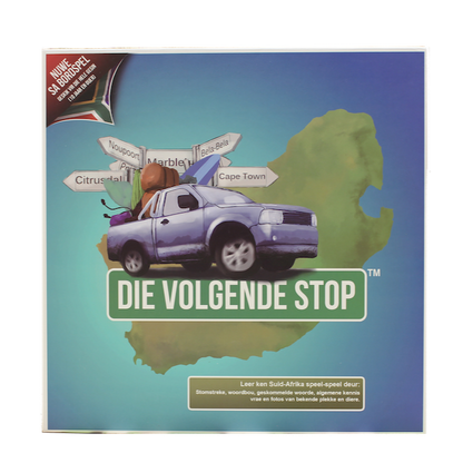 Board game box for 'Die Volgende Stop' with a truck and South Africa map illustration.