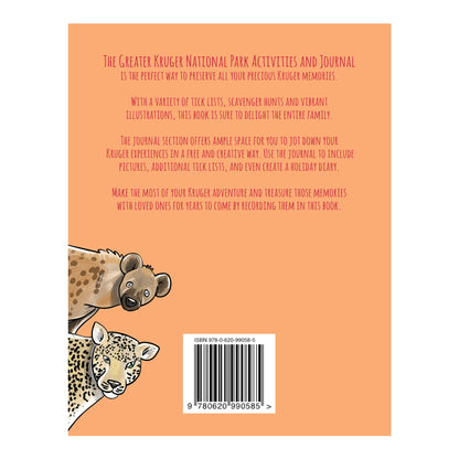 Back cover of a book with text about Greater Kruger National Park activities and journal, featuring illustrations of a cheetah and hyena.