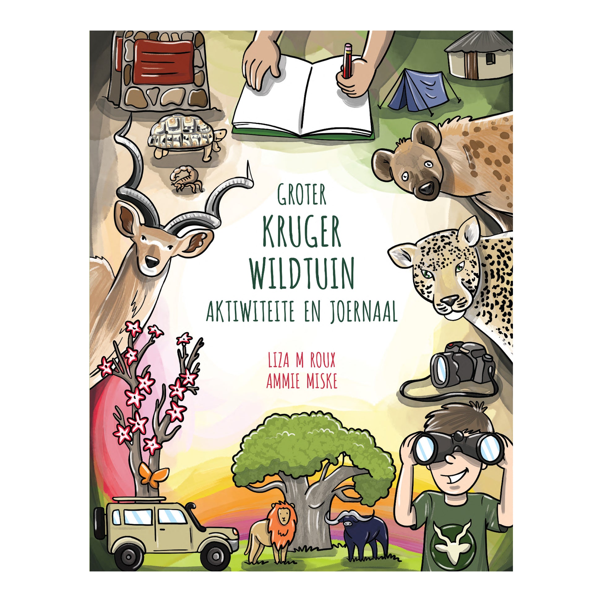 Book cover of 'Groter Kruger Wildtuin' with illustrations of animals, a vehicle, and a person with binoculars.