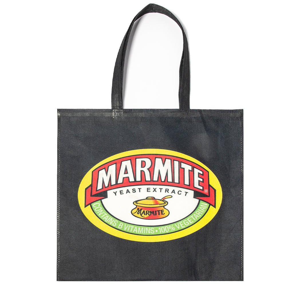 A black shopping bag with the Marmite Yeast Extract brand logo printed in white, yellow, and red.