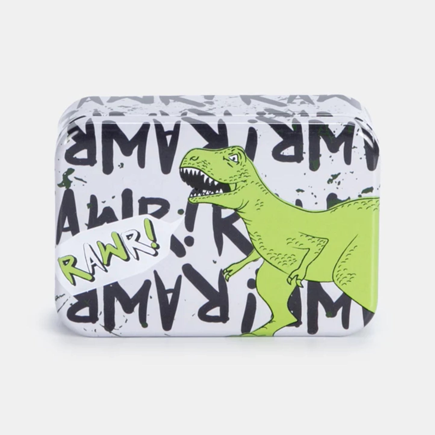 Small rectangular tin with a green dinosaur illustration and 'RAWR!' text on a white background