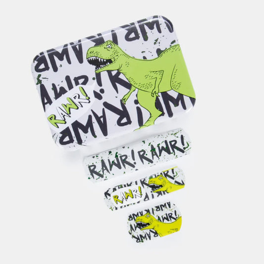 Set of plasters with dinosaur design and 'RAWR! RAWR!' text on a white background