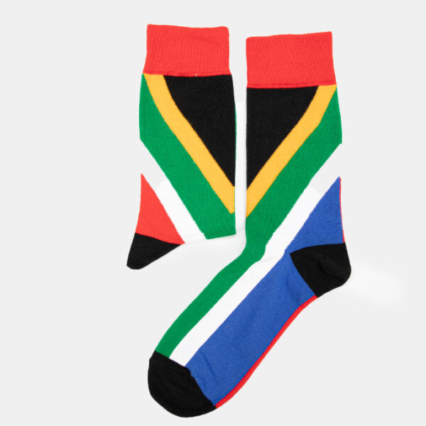 A pair of socks featuring the colors of the South African flag
