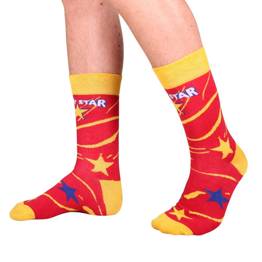 A pair of colorful socks with the text 'Lucky Star' and star patterns on a red and yellow background.