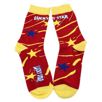 A pair of colorful socks with the text 'Lucky Star' and star patterns on a red and yellow background.