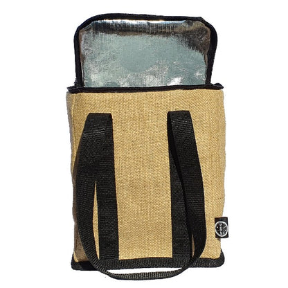 A beige and black fabric cooler bag with straps.