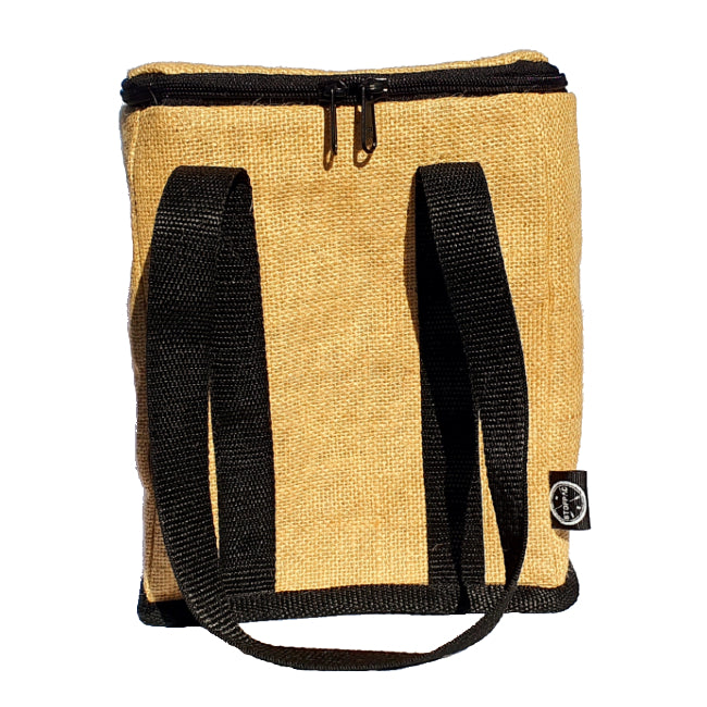 A beige and black fabric cooler bag with straps.
