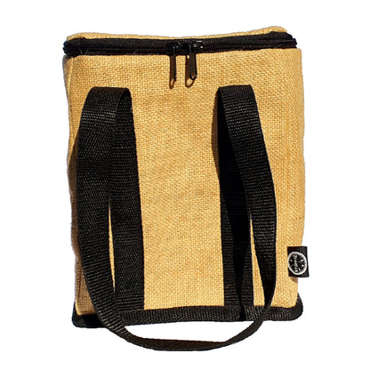 A beige and black fabric cooler bag with straps.