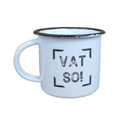 White Enamel mug with black writing